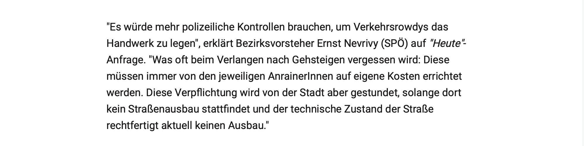 Screenshot heute.at: Artikel über fehlenden Gehsteig in der Donaustadt