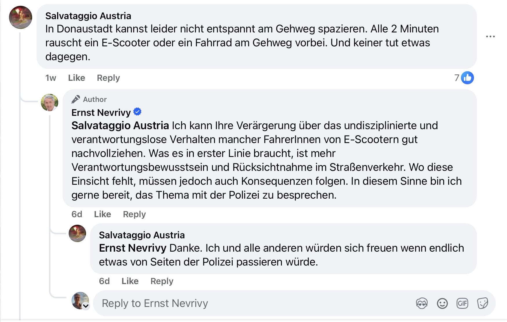 Bürgerkommentar zu Nevrivys Post über Scooter auf dem Gehsteig und Nevrivys Antwort